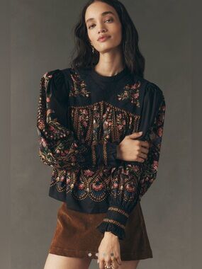 Farm Rio x Anthropologie Black Puff Sleeve Floral Blouse New With Tags Medium